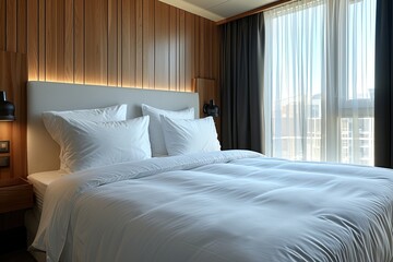 Modern room with a pillow-top bed with White silk linens