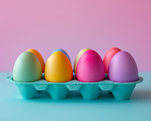 Colorful eggs in carton box on a bright minimalist background, vibrant colors. Minimal Easter idea