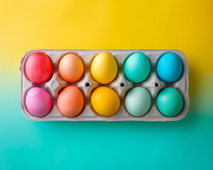 Minimal Easter background with colored eggs in carton box. Bright vibrant colors,  minimalist background. Flat lay