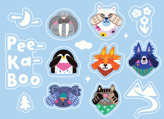 Sticker set with portraits of cute cartoon animals playing hide and seek