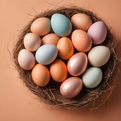 Still life of a nest of Easter eggs on a peach fuzz colored background. Banner with copy space