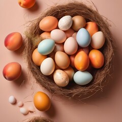 Still life of a nest of Easter eggs on a peach fuzz colored background. Banner with copy space