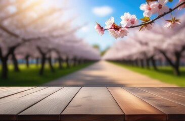 Naklejka na ściany i meble Empty wooden table with cherry blossoms on background in spring sunny day, mockup template for product display