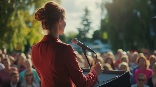 Woman politician in back view annouce the policy with the public boardcast.