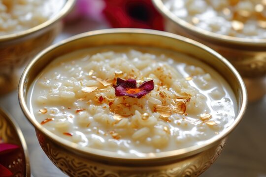 Kheer (payasam) A creamy and sweet rice pudding Indian dish, made by boiling milk, sugar or jaggery, and rice