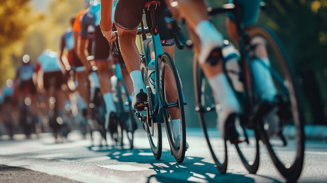 Low angle group of cyclists racing tournament on the road cycling route. 