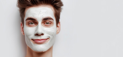 A young guy with a cosmetic mask on his face on a light background with space for text