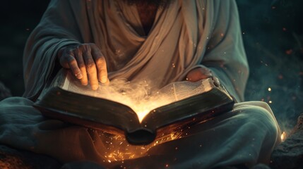 ancient people reading a book written by god, biblical image. high quality, third person