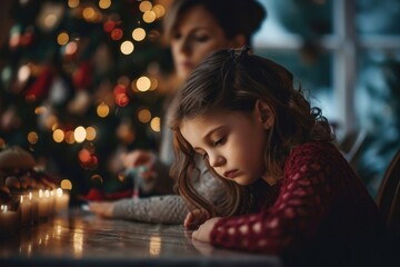 Sad Christmas at home. Upset little girl sitting at table during Christmas eve dinner, snuggled up to her mother. Solitude, loneliness, sorrow, loss, grief, divorce, family, Generative AI 