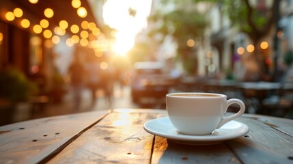 White cup of coffee on table in outdoors cafe with blurred city street background, beautiful morning coffee. - obrazy, fototapety, plakaty