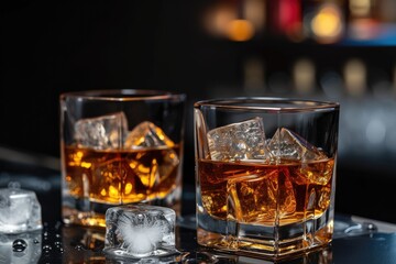 Two glasses of whiskey and ice on the bar, check-out, alcohol, quiet luxury