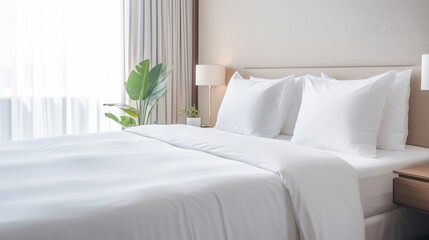 White pillows on the bed. Comfortable soft pillows on the bed. The concept of a clean cozy hotel