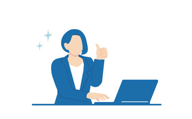 パソコンで作業しながらサムズアップするスーツの女性のベクターイラスト素材