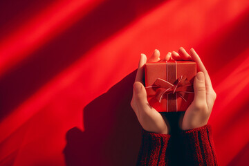 Close-up of hands holding a gift wrapped with a red bow against a vibrant red background. Valentine day's background concept.