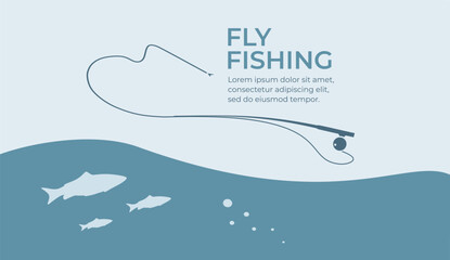 Naklejka premium Fishing and active hobby. Fly fishing rod with fishing line. Fish biting a fly lure. Fly fishing on bait on the lake or river. Leisure. Оutdoor recreational. Vector illustration flat design. Isolated