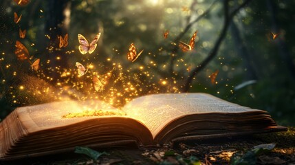 Open magic book with growing lights, magic powder, butterflies. Magic book of elves in the fairy...