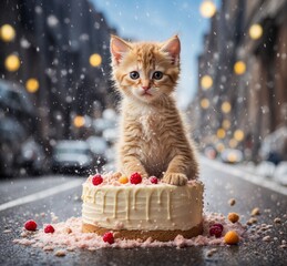 Cute ginger kitten with cake on the street in the rain.