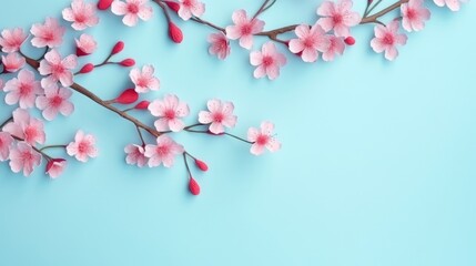 Serene Cherry Blossom Sprigs on a Calm Blue Backdrop - Generative AI
