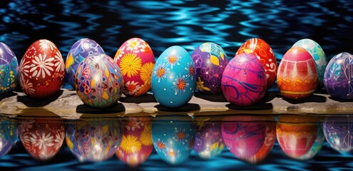 Vibrant Mosaic Easter Eggs Adorned with Spring Florals by the Pond - Generative AI