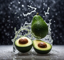 Fresh avocado with water splash on a dark background. Shallow dof.
