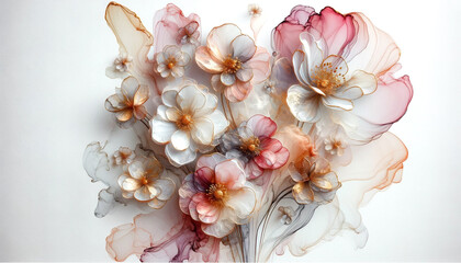 Abstract flowers with fluid alcohol ink paint by pink gold soft tones on white background.