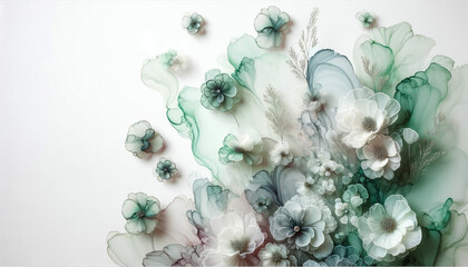 Abstract flowers with fluid alcohol ink paint by white and soft tones green on white background.
