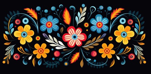 Vibrant Mexican Floral Artistry on Black - Bold and Colorful Abstract Design - Generative AI