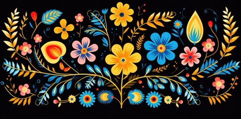 Vibrant Mexican Floral Artistry on Black - Bold and Colorful Abstract Design - Generative AI