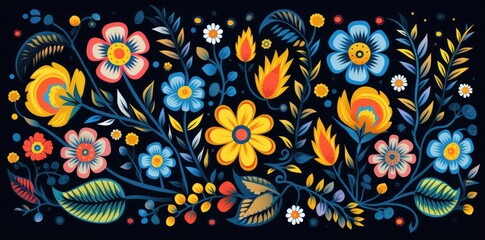 Naklejka premium Vibrant Mexican Floral Artistry on Black - Bold and Colorful Abstract Design - Generative AI
