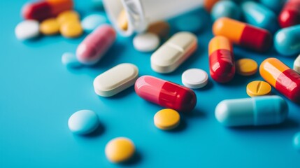 Closeup colorful medical pills and capsules on a blue background. Medicine for treatment. Pharmaceuticals