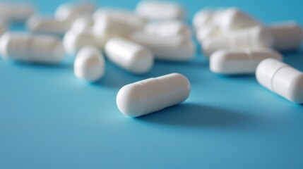 Closeup white medical capsules on a blue background. Medicine for treatment. Pharmaceuticals