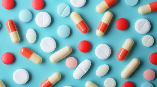 Closeup colorful medical pills and capsules on a blue background. Medicine for treatment. Pharmaceuticals