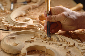 Carpenter working on wooden furniture with hand carving. Wood carving art with hand tools Close-up...