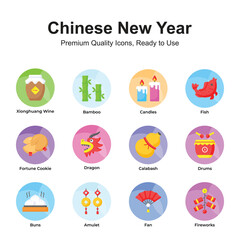 Pack of chinese new year icons in trendy style