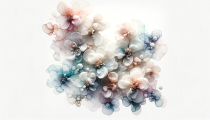 Abstract flowers with fluid alcohol ink paint by white with soft blue and pink tones on white background.