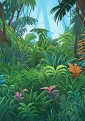 Background Jungle. Bright jungle with ferns and flowers. For design game, websites and kid's book printing. Children's book illustration in cartoon style.