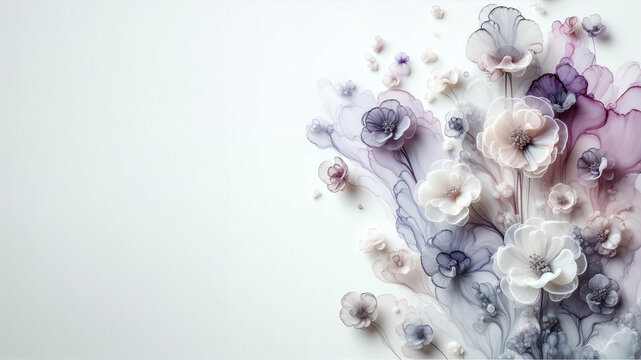 Abstract flowers with fluid alcohol ink paint by violet purple soft tones on white background.