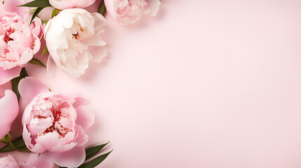 A pink background with a pink flowers, Romantic Wedding pink flowers copy space, Peonies, roses on pink background with copy space, AI generated - obrazy, fototapety, plakaty