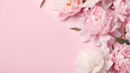 A pink background with a pink flowers, Romantic Wedding pink flowers copy space, Peonies, roses on pink background with copy space, AI generated