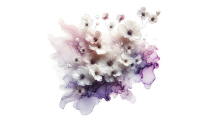 Abstract flowers with fluid alcohol ink paint by violet purple soft tones on white background.