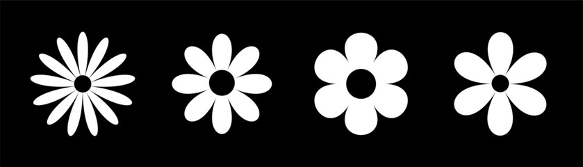 Four white chamomile round icon. White daisy camomile set line. Cute cartoon flower head plant collection. Love card symbol. Growing concept. Nature style. Flat design. Isolated. Black background.