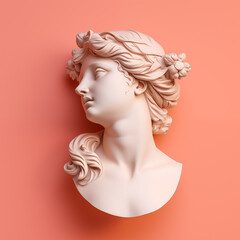 Antique statue bust of female woman with long hair on pink background. 