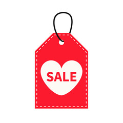 Red price tag on cord. White heart. Happy Valentines Day discount price tags. Big sale label. Special offer labels. Love sticker. Holiday February promotion. Flat design. White background.