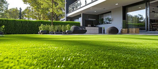 Exterior design with artificial turf as green background.