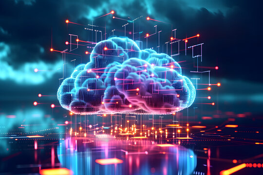 Digital data processing in the virtual cloud abstract background. Glowing digital cloud with pixels, lines, connectivity, and data flow in the virtual world. Cloud computing Background.
