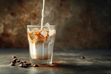 Splash of ice coffee drink on a dark background.