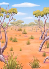 African Savannah Landscape. Green trees, and plain grassland field under blue clear sky. Children's book illustration in cartoon style.
