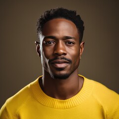 Obraz premium Handsome dark-skinned man in a yellow sweater on a dark background. Generative AI.