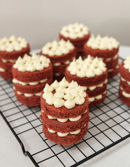 Mini red velvet cake with cream cheese, white and red theme party, selective focus.