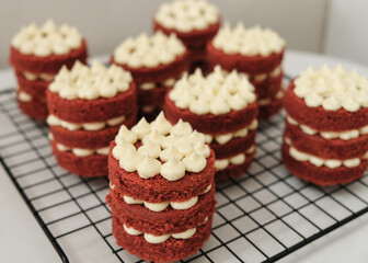 Mini red velvet cake with cream cheese, white and red theme party, selective focus.